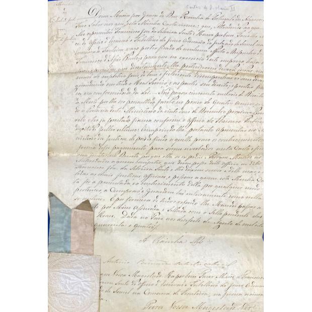 MANUSCRITO. D. MARIA II. CARTA RÉGIA de nomeação para o ofício de escrivão Francisco José da Silveira Souto do julgado de Sousel na comarca de Fronteira.