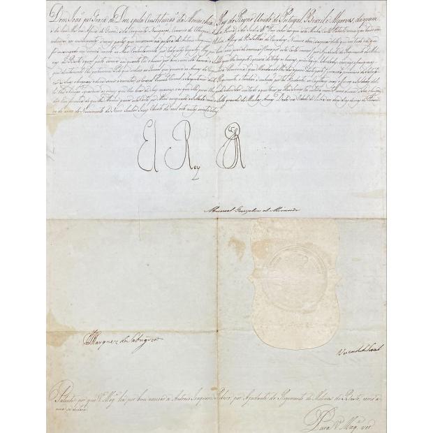 MANUSCRITO. D. JOÃO VI. CARTA PATENTE para nomear Joaquim Ribeiro, alferes do Batalhão de caçadores do Regimento de milícias de basto.