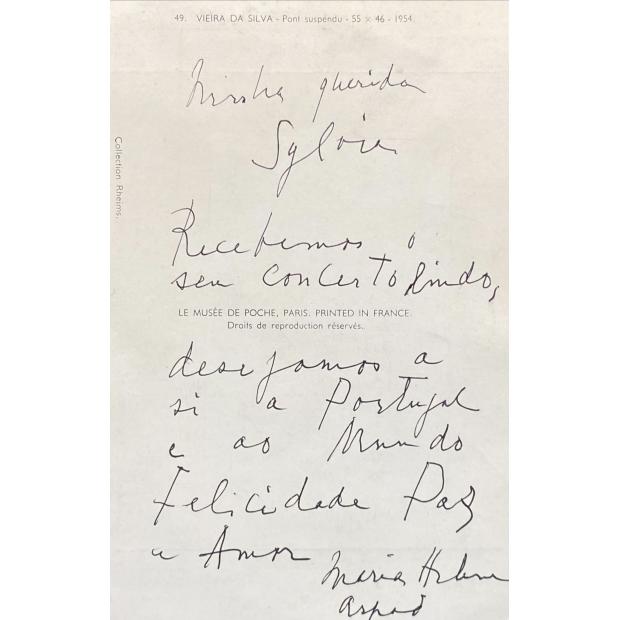 MANUSCRITO. MARIA HELENA VIERA DA SILVA. Conjunto de 3 postais e um envelope, manuscritos e assinados pela pintora, um deles assinado também pelo seu marido Arpad. Correspondência dirigida a Sílvia de Azevedo Sampaio.