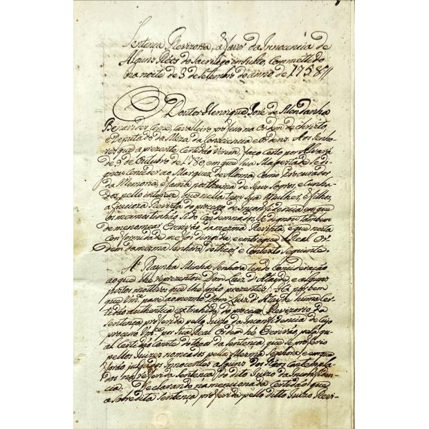 MANUSCRITO. PROCESSO DOS TÁVORAS SENTENÇA REVIZÓRIA A FAVÕR DA INNOCENCIA DE ALGUNS RÉOS DO SACRÍLEGO INSULTO COMMETTIDO NA NOITE DE 3 DE SETEMBRO DO ANNO DE 1758 (CÓPIA MANUSCRITA DA ÉPOCA). 