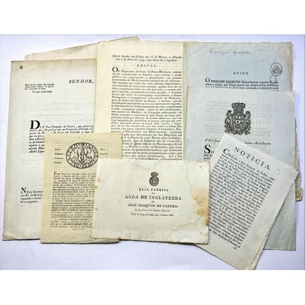 ÁGUAS DE INGLATERRA. Lote de 26 documentos sobre as águas de Inglaterra, contendo Noticia, Avisos, Editais, Alvarás, etc. Lisboa. Século XIX. 