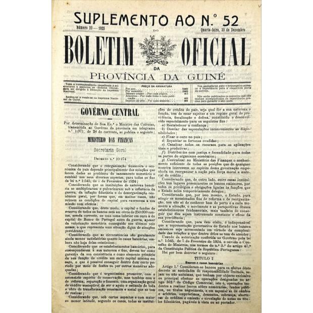 BOLETIM OFICIAL DA PROVÍNCIA DA GUINÉ. Nº1 (ao 52 + suplementos e apensos). 